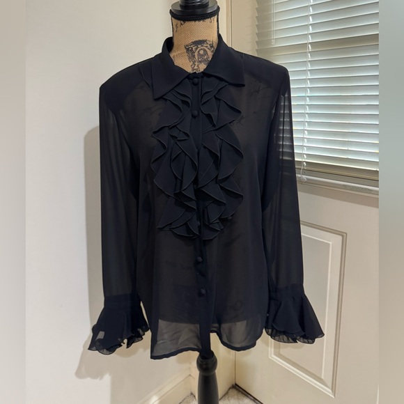 Louis Feraud Tops - Louis Feraud stunning Black Sheer Ruffled Blouse size 6